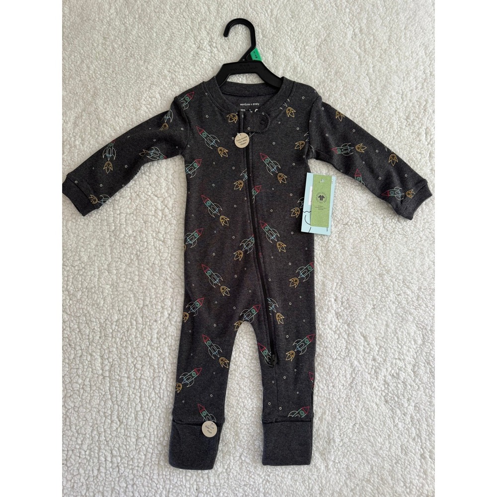 Monica + Andy Rocket Ship Organic Cotton Two-Way Zip Sleepsuit 6-9M Gray